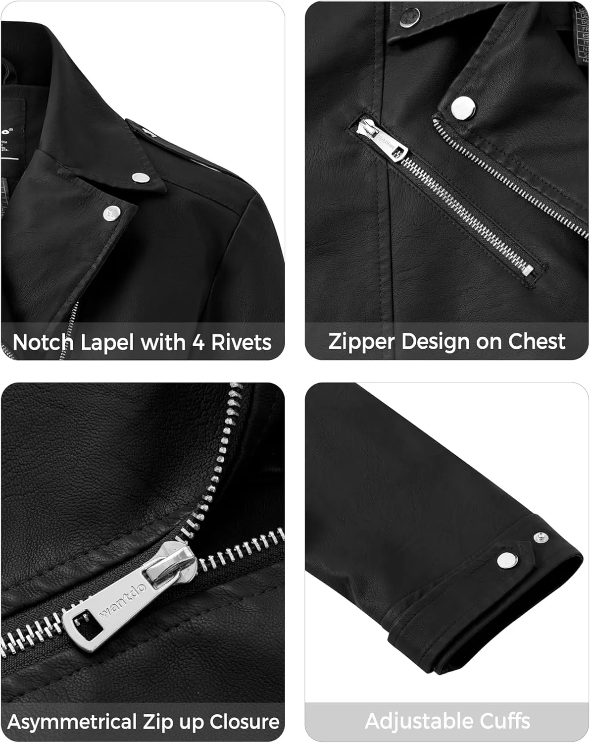 wantdo Women's Plus Size Faux Leather Jacket Lapel Collar Moto Biker Short Coat Jacket