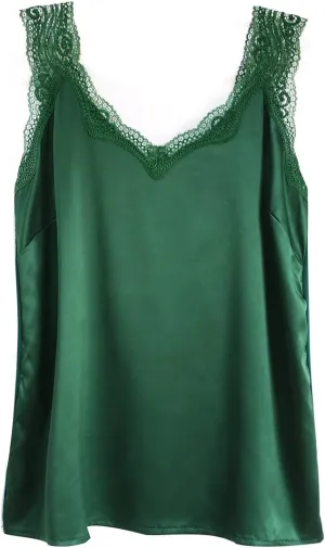 Wantschun Womens Satin Silk Camisole Lace Straps Tank Top Cami V-Neck
