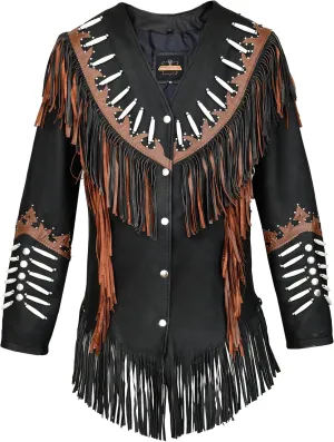 Western Genuine Cowhide Leather Jacket Women Cow-lady Native American Beaded & Fringe Cowgirl Jacket Tassels