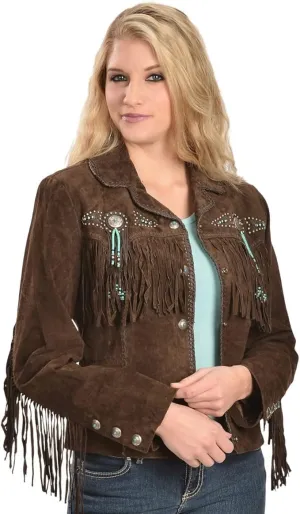Western Genuine Leather Suede Jacket Women Native American Boar Cowlady Beaded & Fringe Cowgirl Jacket Tassels