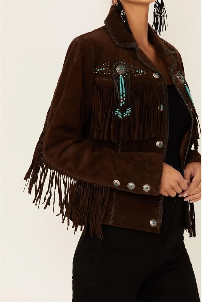Western Genuine Leather Suede Jacket Women Native American Boar Cowlady Beaded & Fringe Cowgirl Jacket Tassels