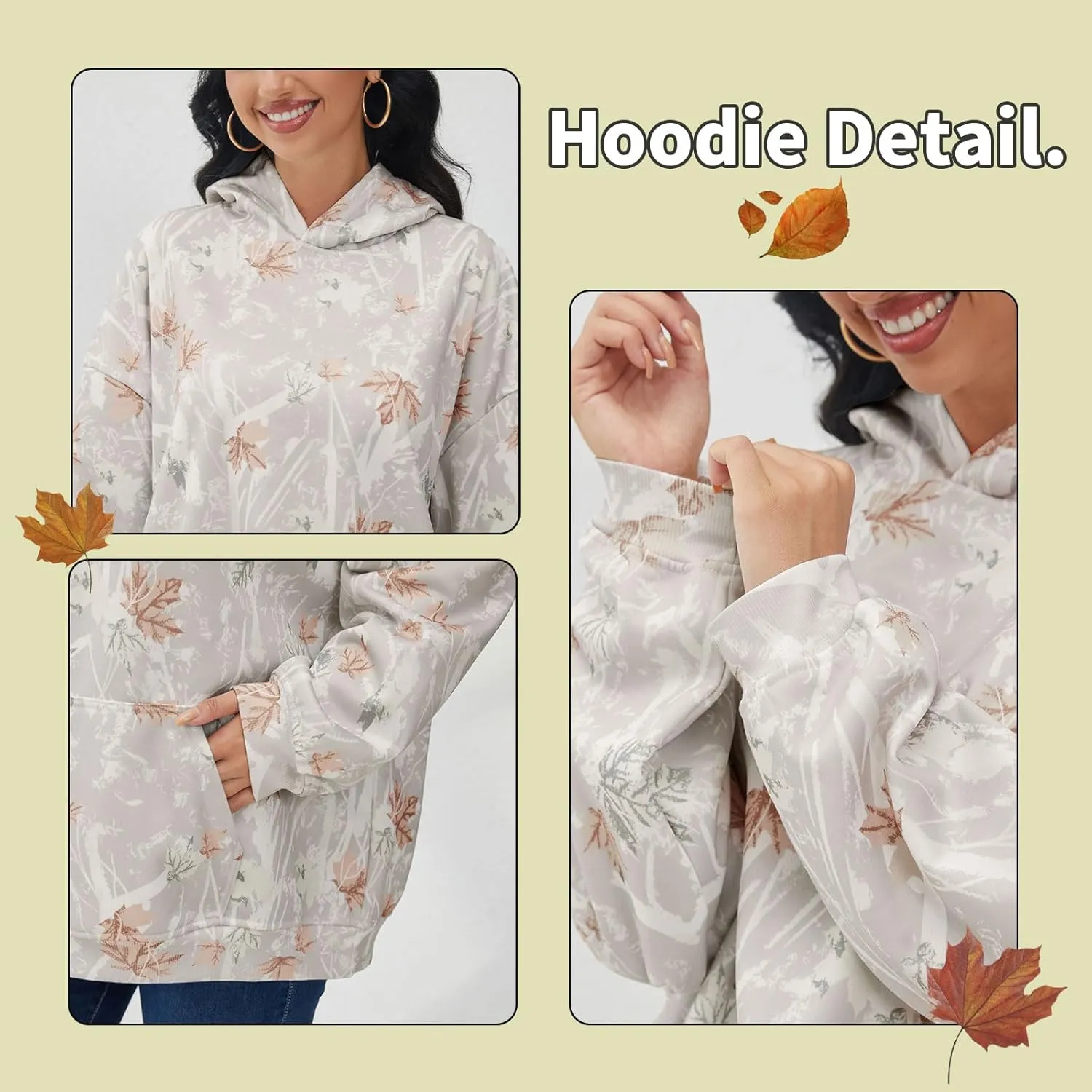 White Camo Hoodie Womens Maple Leaf Print Sweatshirt for Women Trendy Oversized Fleece Hoodies Pullover with Pockets