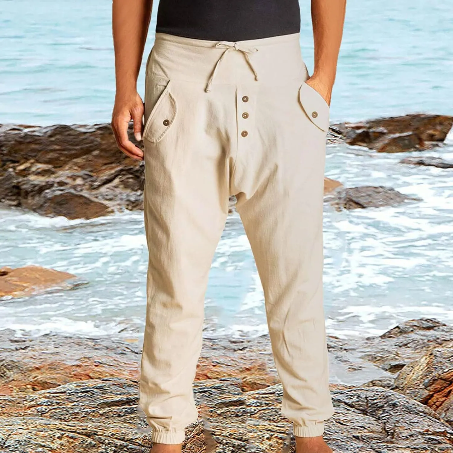 White Linen Pants Drawstring Elastic Waist Skinny-Fit Solid Loose Trousers Fashion Casual Double Pockets Pants