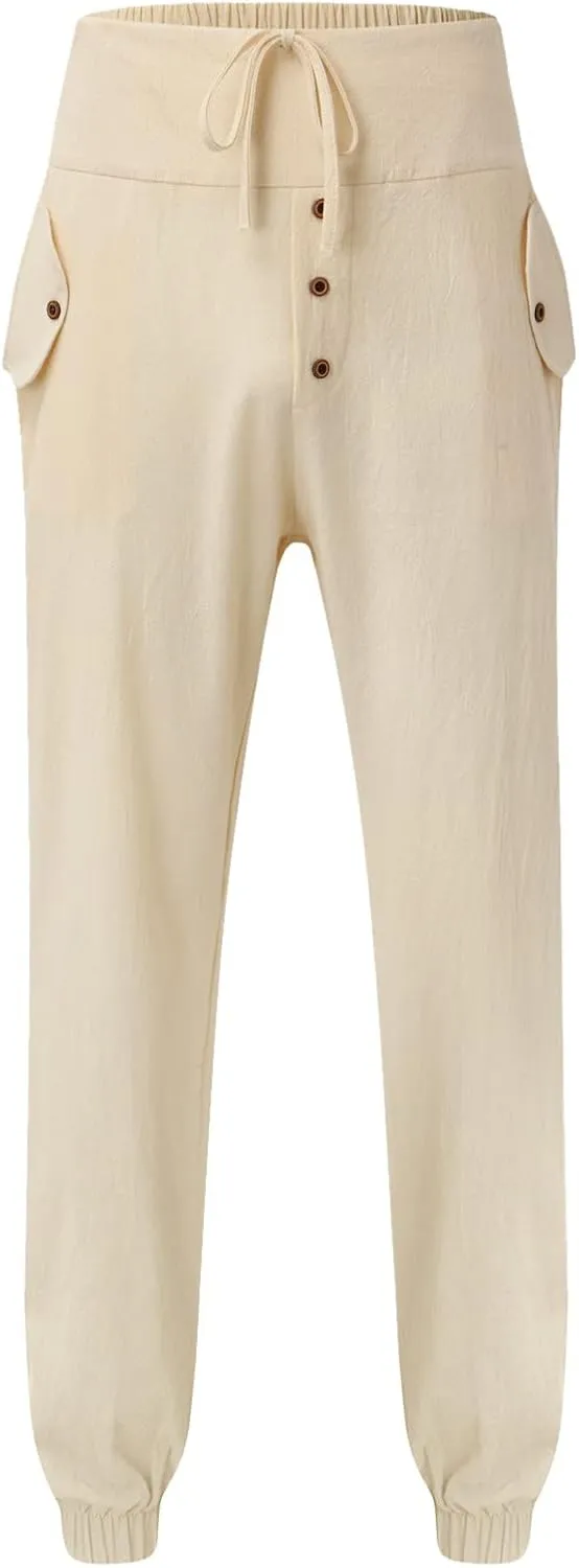 White Linen Pants Drawstring Elastic Waist Skinny-Fit Solid Loose Trousers Fashion Casual Double Pockets Pants