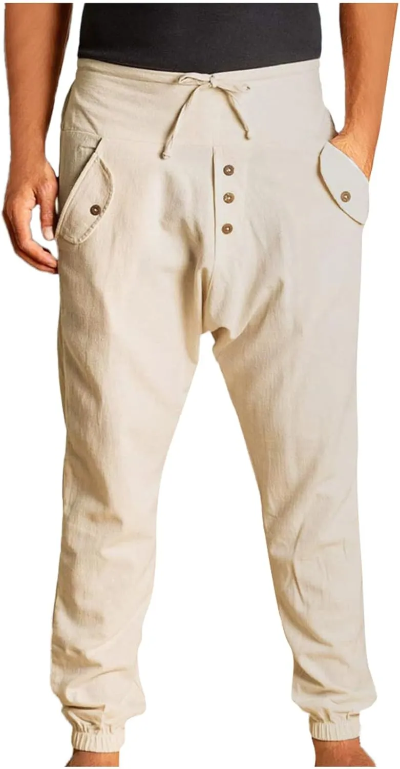 White Linen Pants Drawstring Elastic Waist Skinny-Fit Solid Loose Trousers Fashion Casual Double Pockets Pants