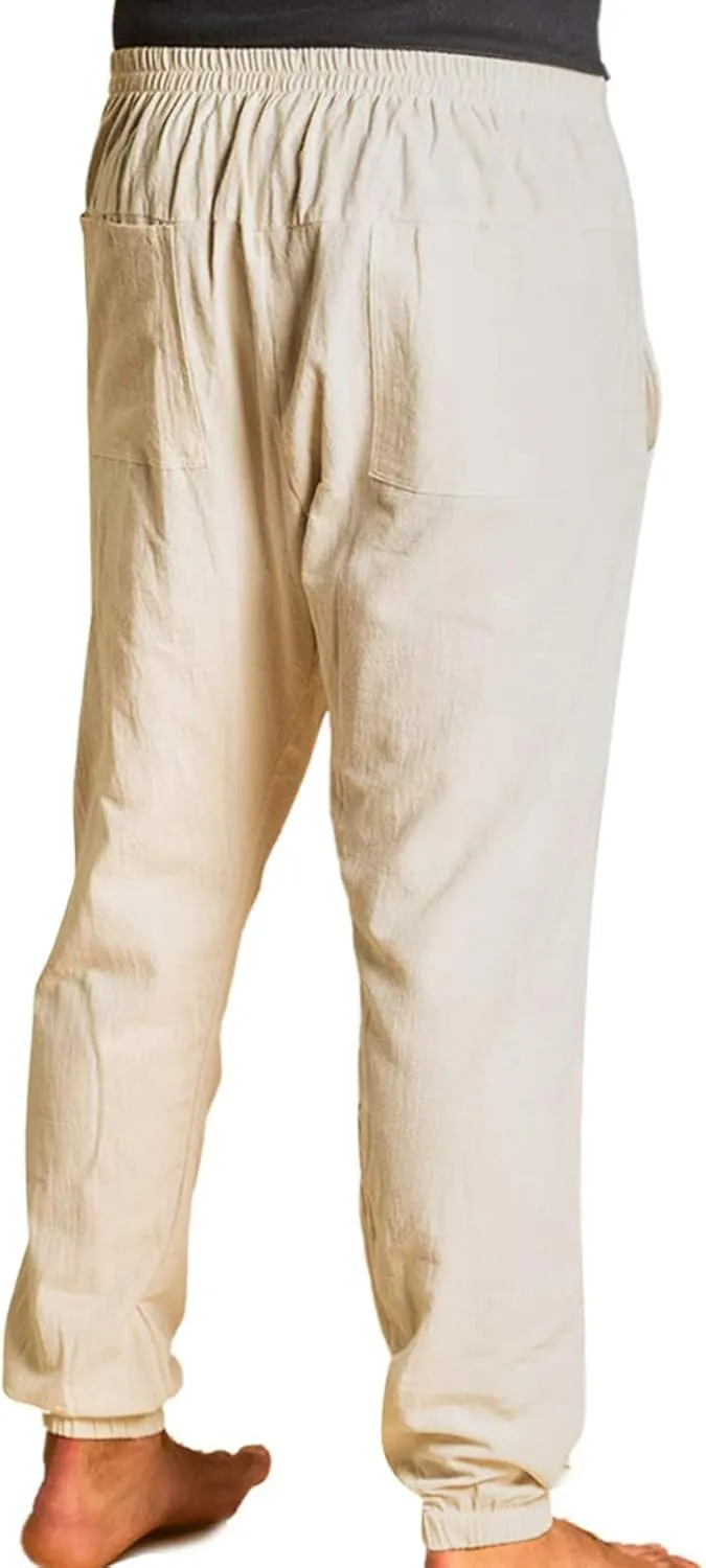 White Linen Pants Drawstring Elastic Waist Skinny-Fit Solid Loose Trousers Fashion Casual Double Pockets Pants