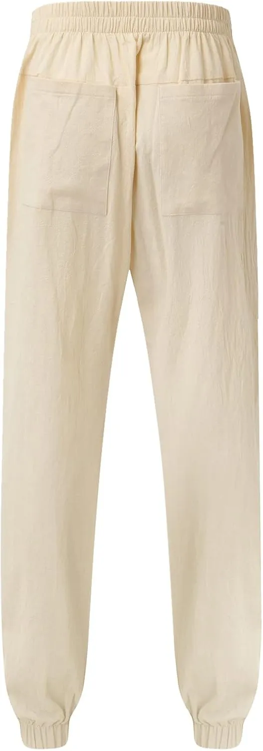 White Linen Pants Drawstring Elastic Waist Skinny-Fit Solid Loose Trousers Fashion Casual Double Pockets Pants