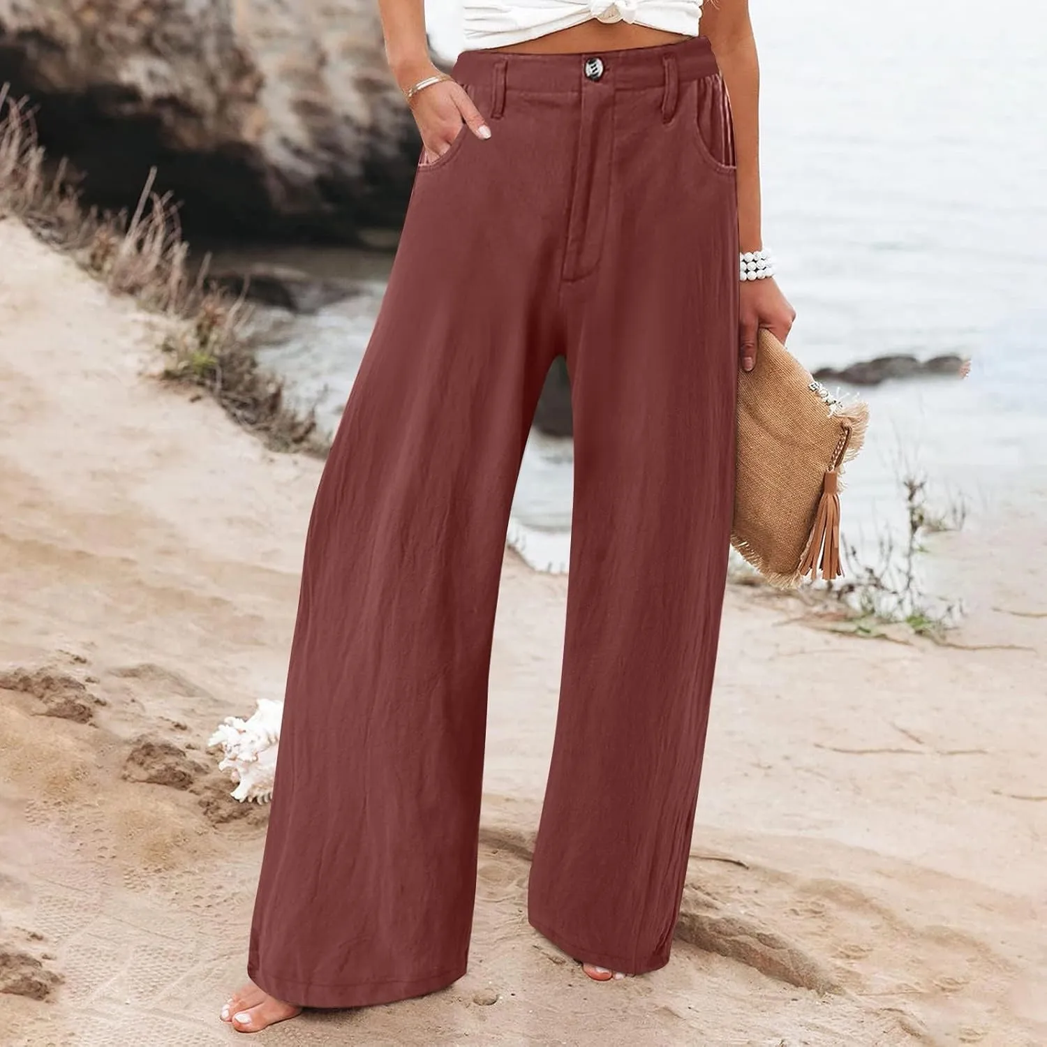 Wide Leg Dress Pants for Women Business Casual High Waisted Linen Palazzo Pants Casual Summer Work Trousers w/Pockets