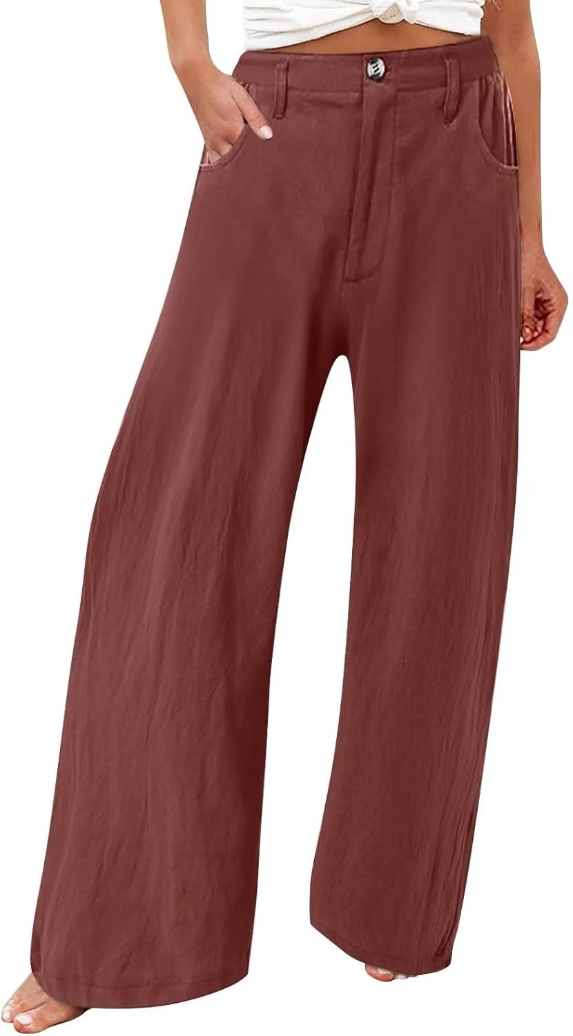 Wide Leg Dress Pants for Women Business Casual High Waisted Linen Palazzo Pants Casual Summer Work Trousers w/Pockets