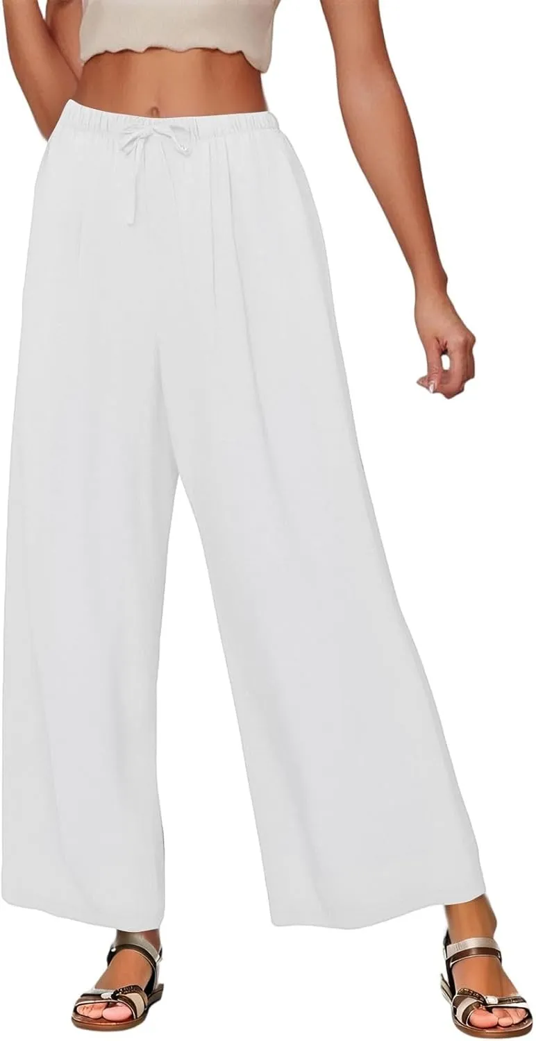 Wide Leg Linen Pants for Women Baggy Drawstring High Waisted Palazzo Pants Beach Vacation Lounge Pants with Pockets