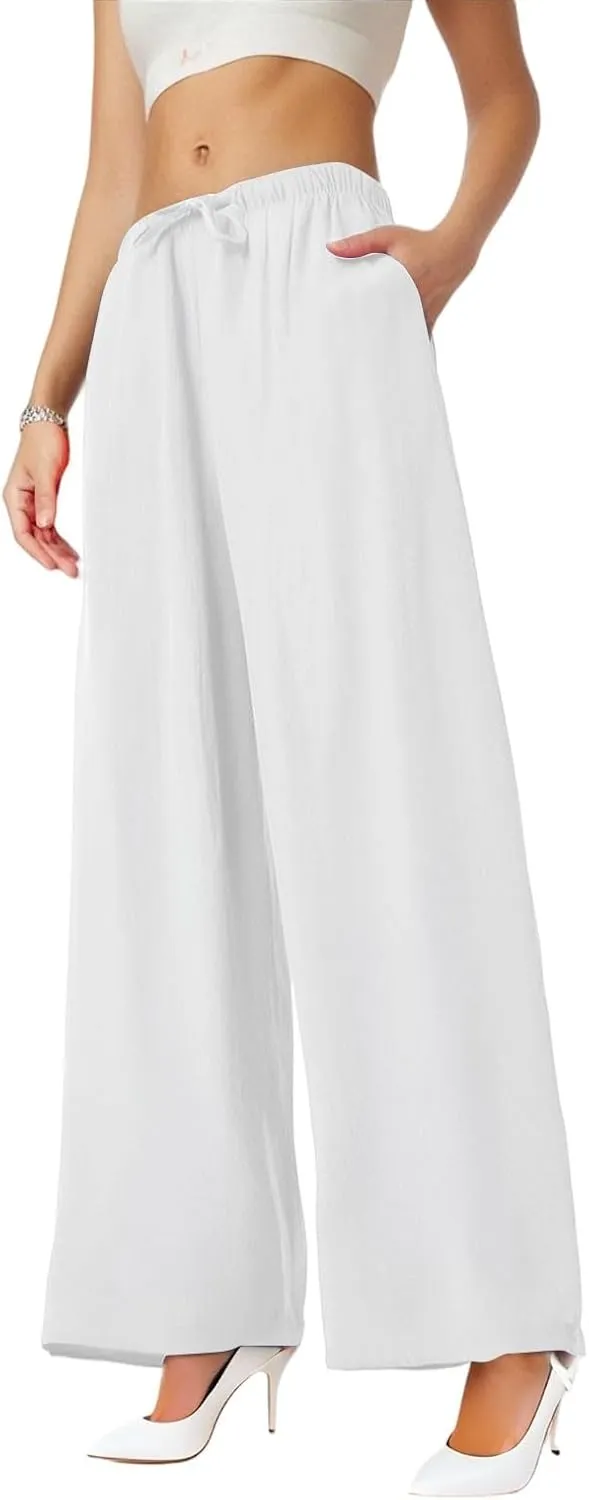 Wide Leg Linen Pants for Women Baggy Drawstring High Waisted Palazzo Pants Beach Vacation Lounge Pants with Pockets