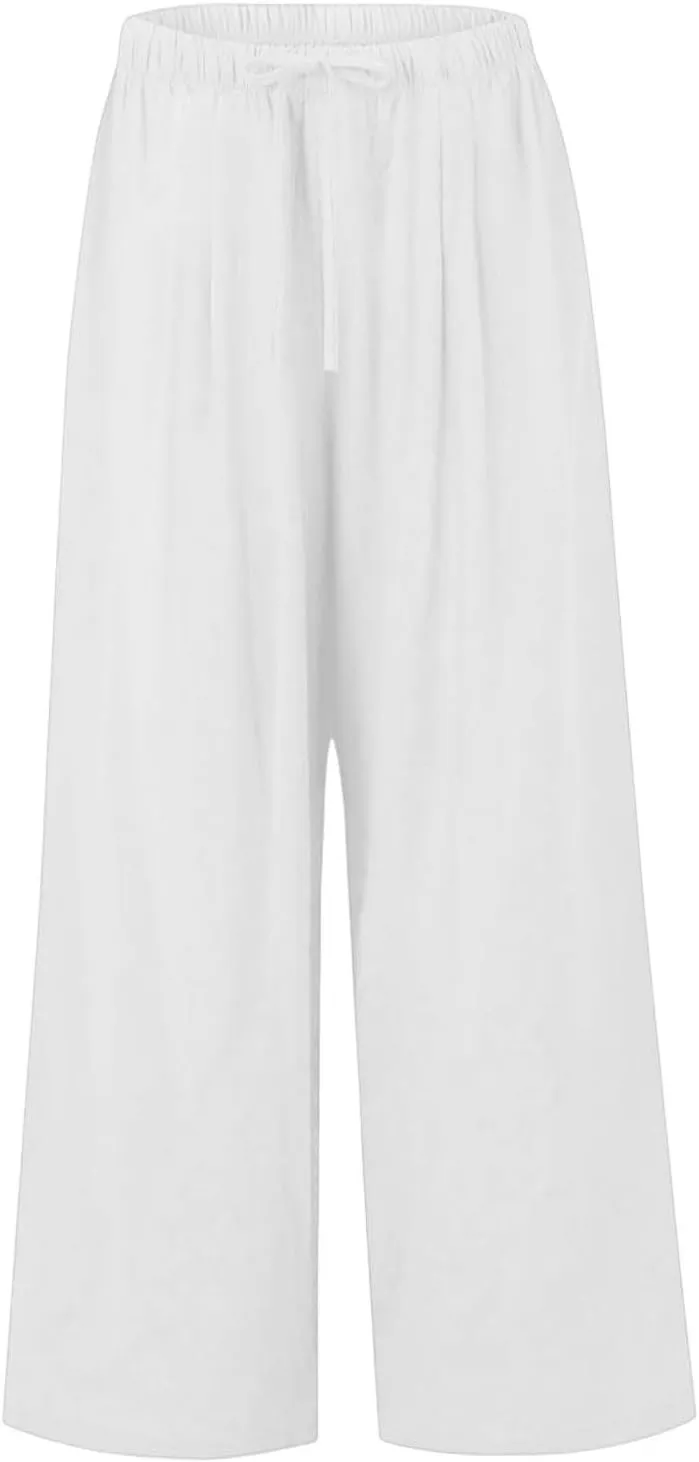 Wide Leg Linen Pants for Women Baggy Drawstring High Waisted Palazzo Pants Beach Vacation Lounge Pants with Pockets