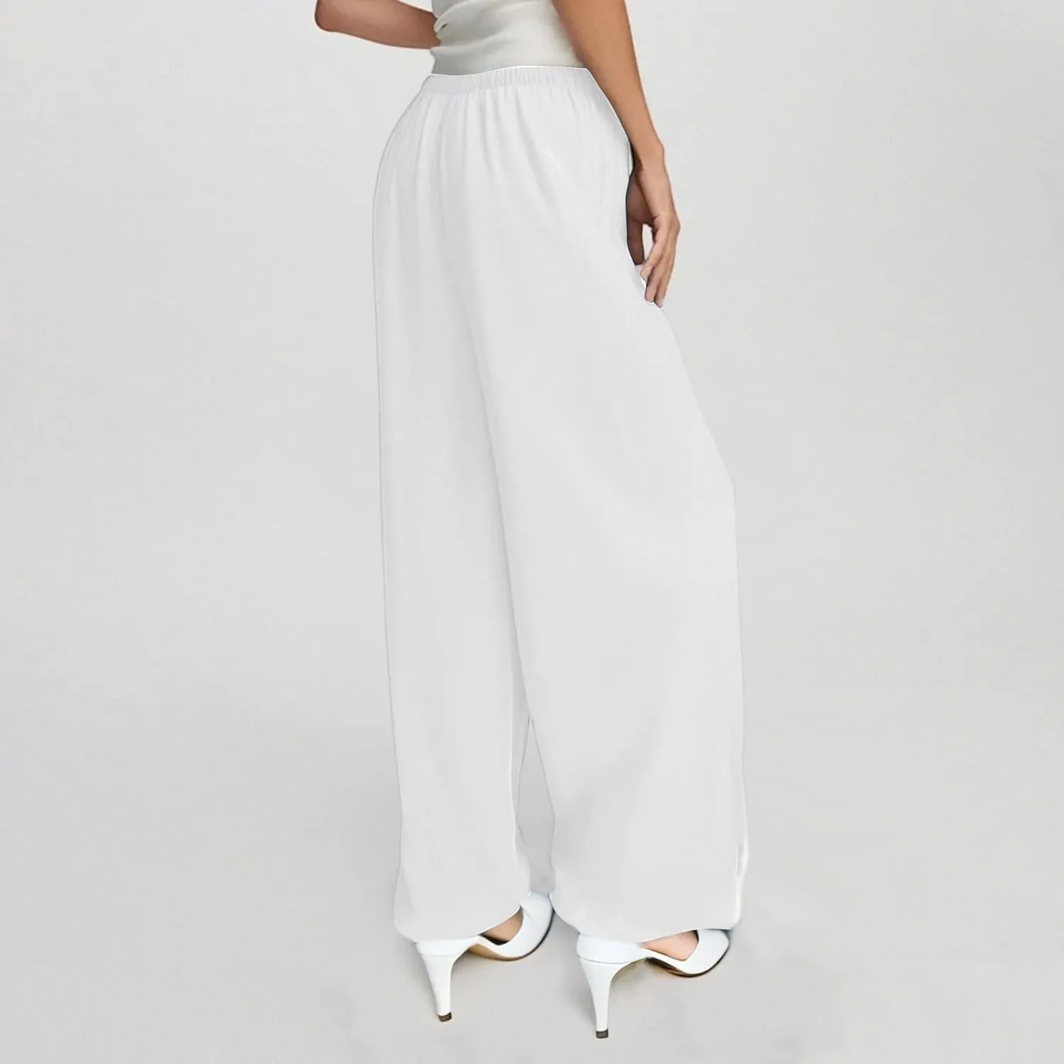 Wide Leg Linen Pants for Women Baggy Drawstring High Waisted Palazzo Pants Beach Vacation Lounge Pants with Pockets