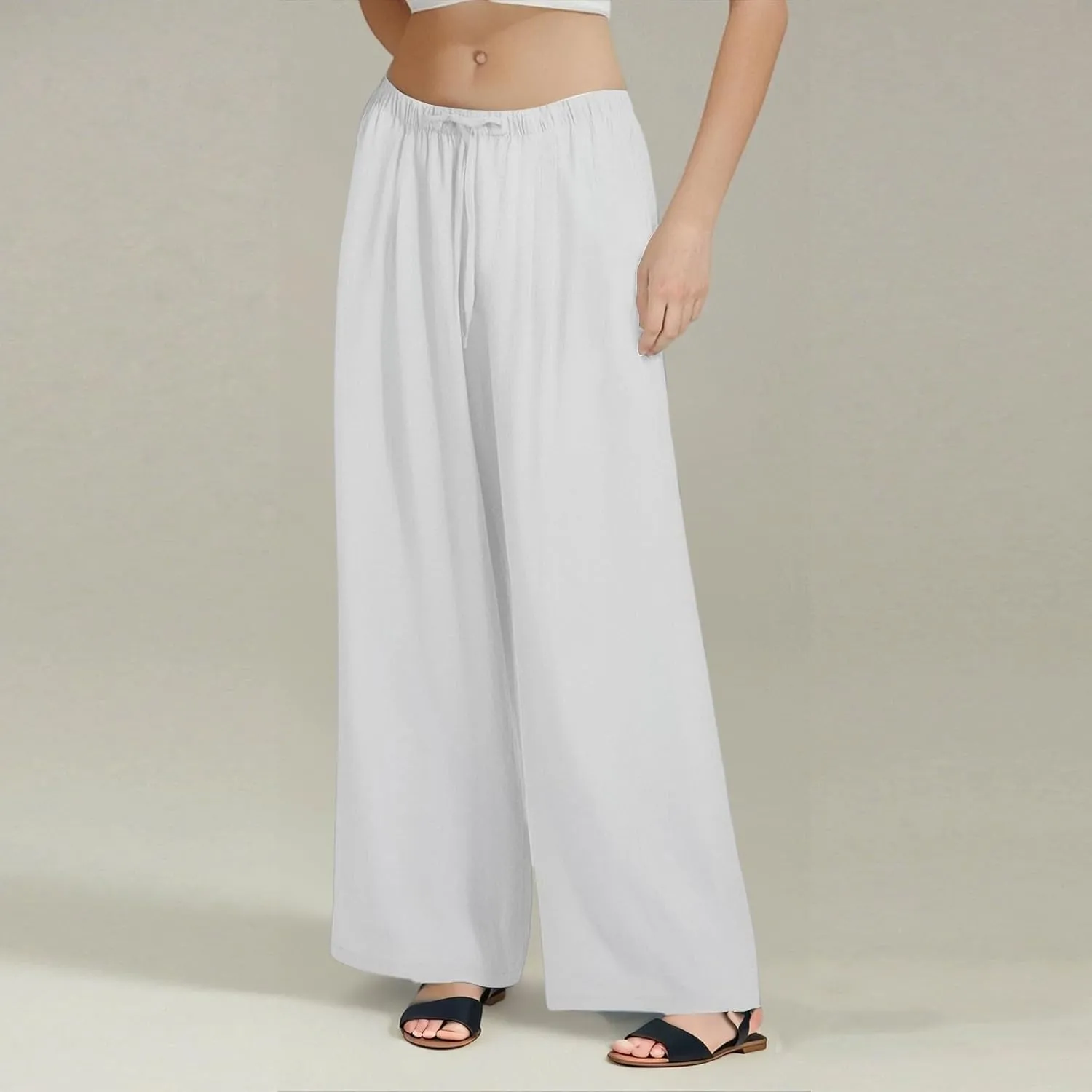 Wide Leg Linen Pants for Women Baggy Drawstring High Waisted Palazzo Pants Beach Vacation Lounge Pants with Pockets