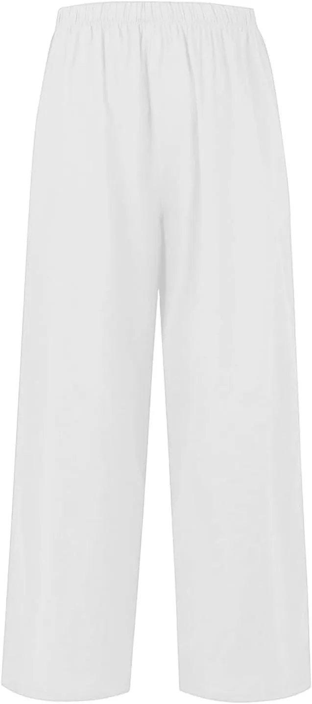 Wide Leg Linen Pants for Women Baggy Drawstring High Waisted Palazzo Pants Beach Vacation Lounge Pants with Pockets