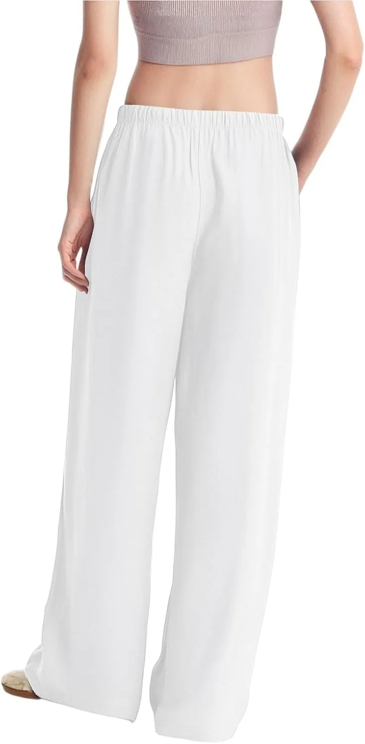 Wide Leg Linen Pants for Women Baggy Drawstring High Waisted Palazzo Pants Beach Vacation Lounge Pants with Pockets