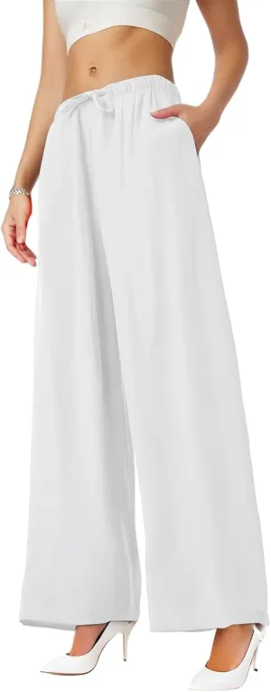 Wide Leg Linen Pants for Women Baggy Drawstring High Waisted Palazzo Pants Beach Vacation Lounge Pants with Pockets