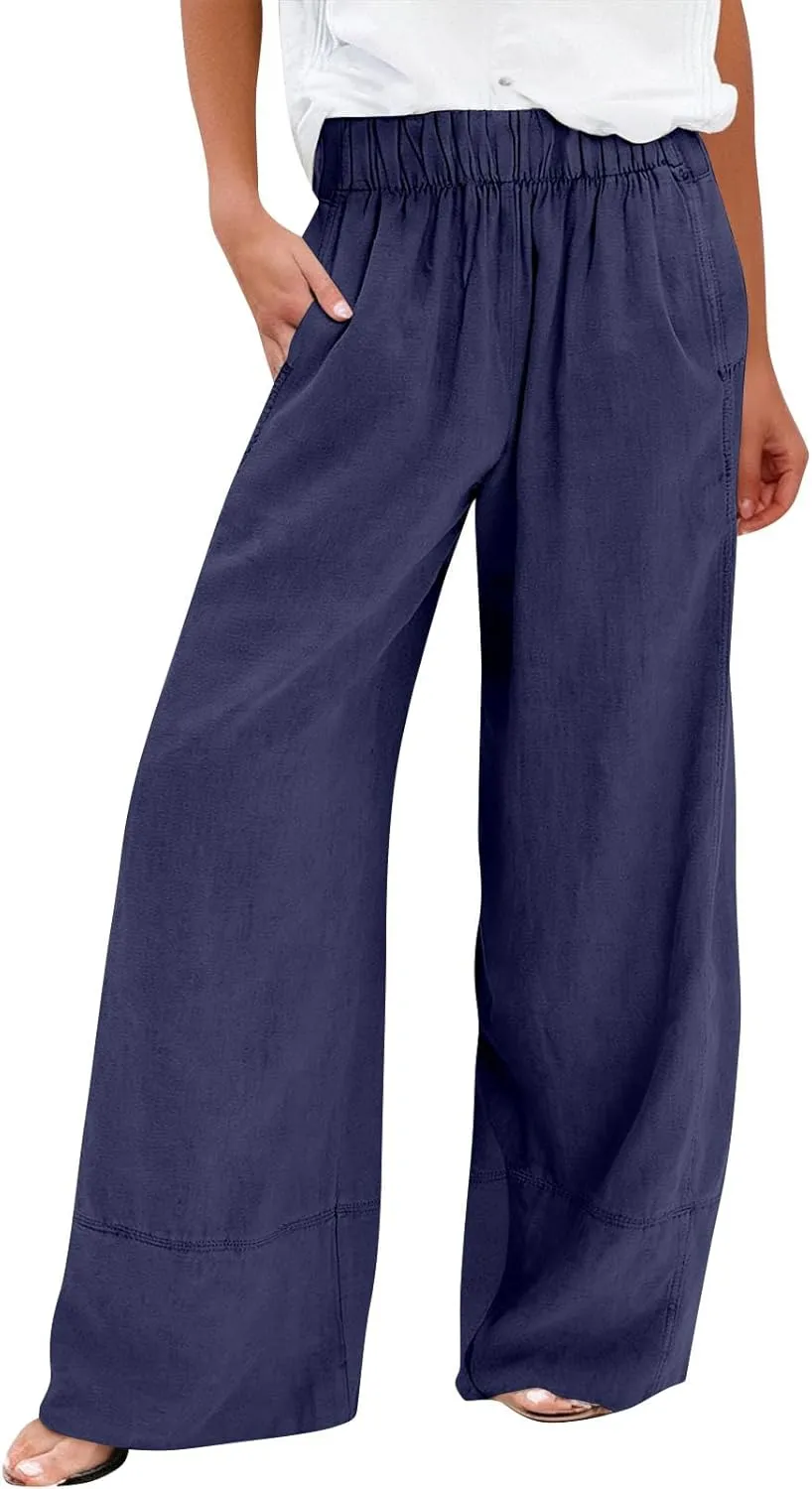 Wide Leg Linen Pants for Women Baggy Elastic High Waisted Palazzo Pants Boho Summer Beach Flowy Pants with Pockets