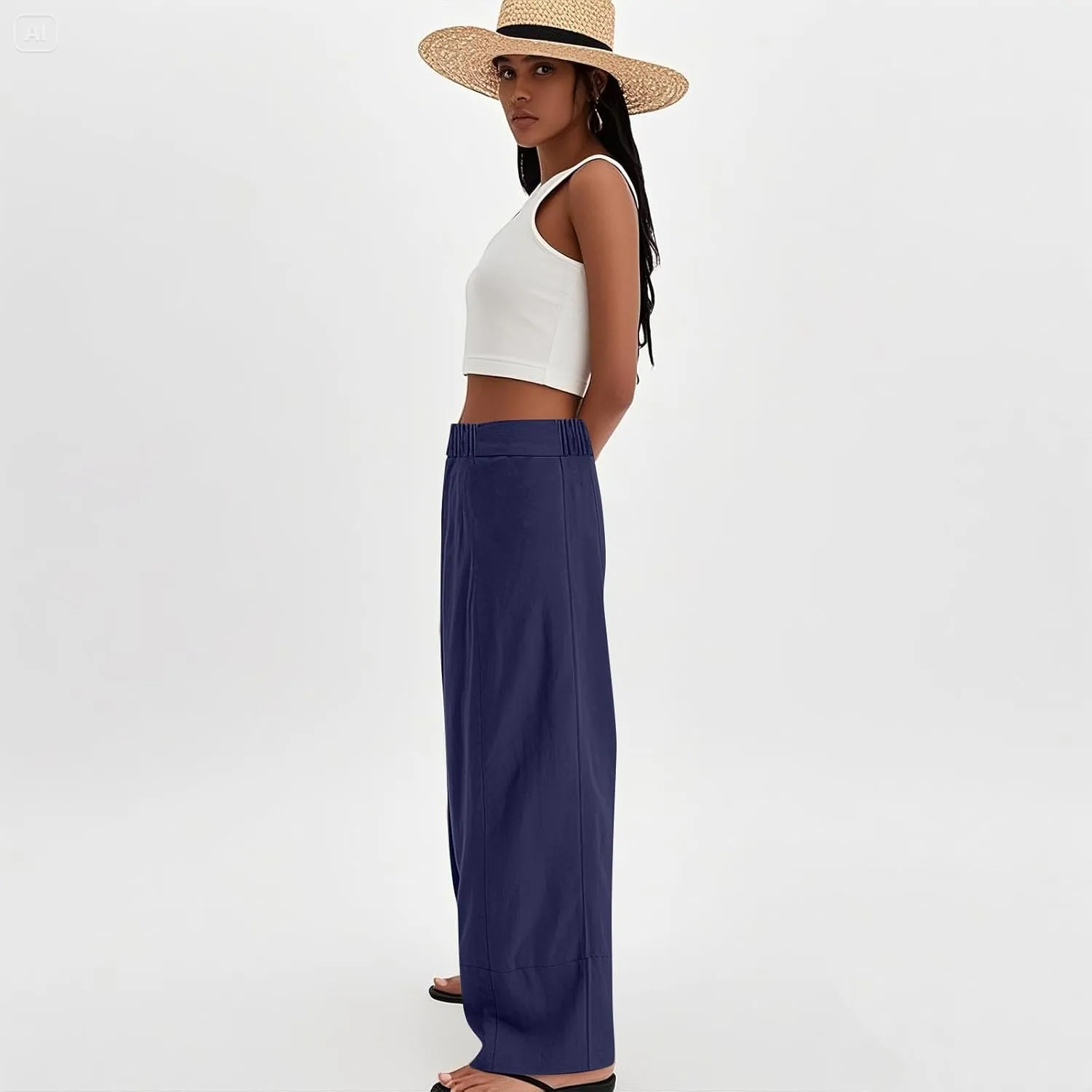 Wide Leg Linen Pants for Women Baggy Elastic High Waisted Palazzo Pants Boho Summer Beach Flowy Pants with Pockets
