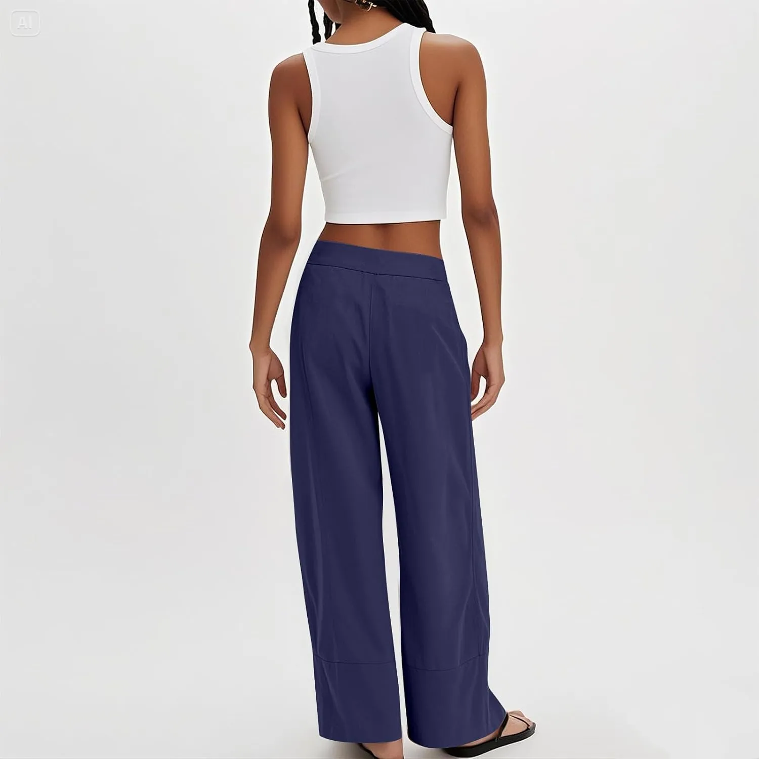 Wide Leg Linen Pants for Women Baggy Elastic High Waisted Palazzo Pants Boho Summer Beach Flowy Pants with Pockets
