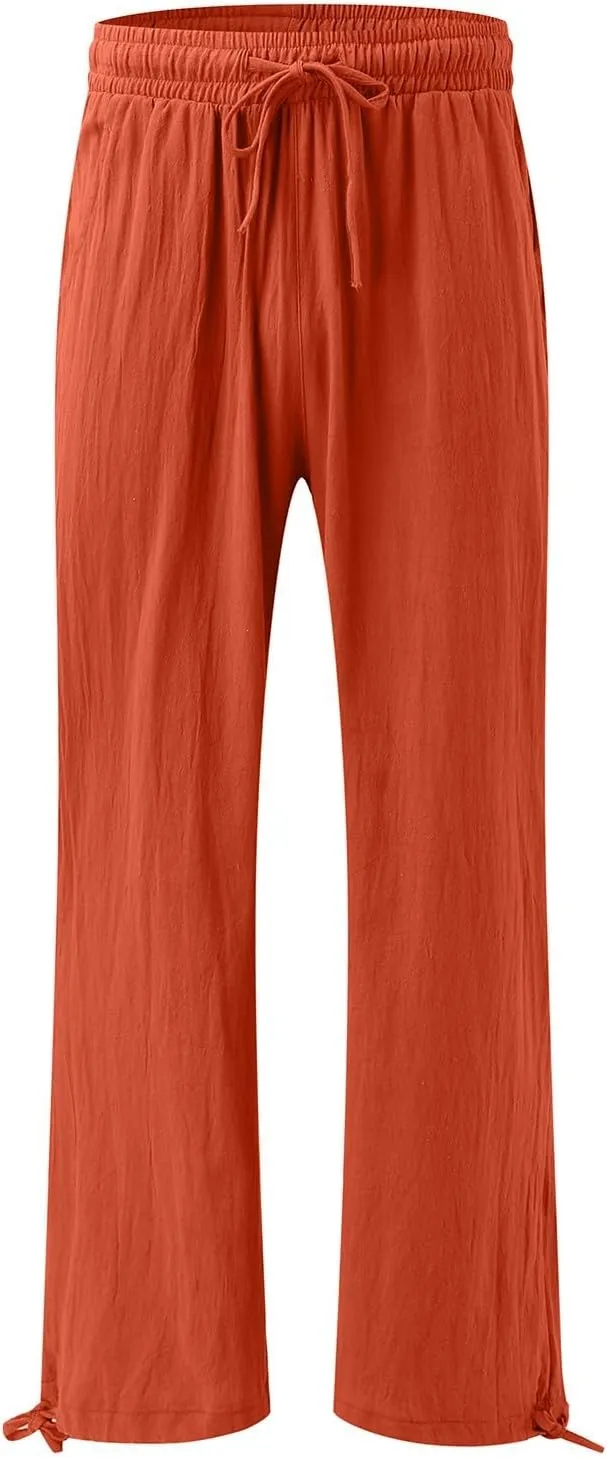 Wide Leg Linen Pants for Women Casual High Waisted Palazzo Pants Lightweight Summer Flowy Beach Trousers with Pockets