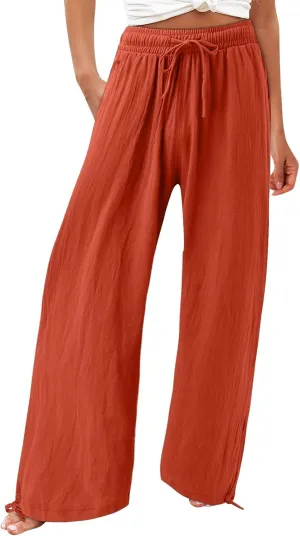 Wide Leg Linen Pants for Women Casual High Waisted Palazzo Pants Lightweight Summer Flowy Beach Trousers with Pockets