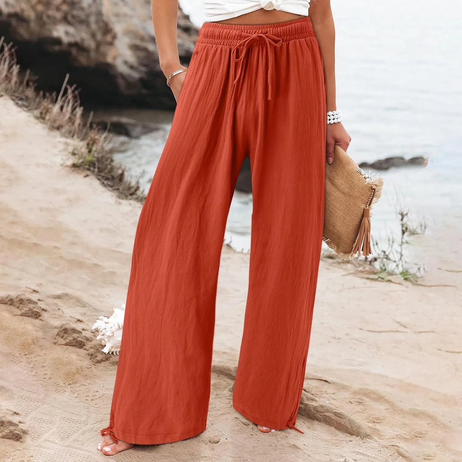 Wide Leg Linen Pants for Women Casual High Waisted Palazzo Pants Lightweight Summer Flowy Beach Trousers with Pockets