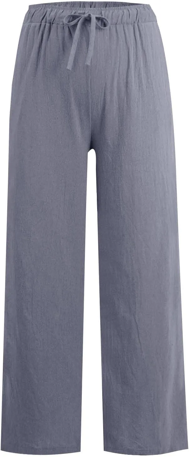 Wide Leg Linen Pants for Women Drawstring High Waisted Palazzo Pants Comfy Loose Boho Beach Trousers with Pockets