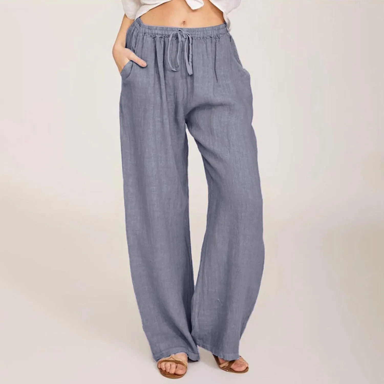 Wide Leg Linen Pants for Women Drawstring High Waisted Palazzo Pants Comfy Loose Boho Beach Trousers with Pockets