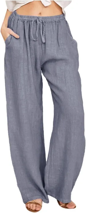 Wide Leg Linen Pants for Women Drawstring High Waisted Palazzo Pants Comfy Loose Boho Beach Trousers with Pockets