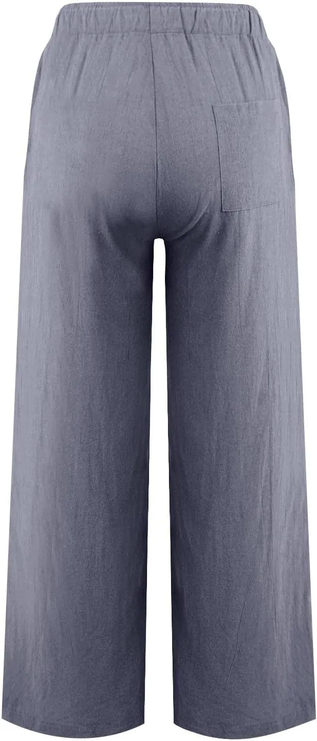 Wide Leg Linen Pants for Women Drawstring High Waisted Palazzo Pants Comfy Loose Boho Beach Trousers with Pockets