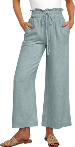 Wide Leg Linen Pants for Women Dressy Casual High Waisted Palazzo Pants Loose Fit Comfy Work Pants with Pockets