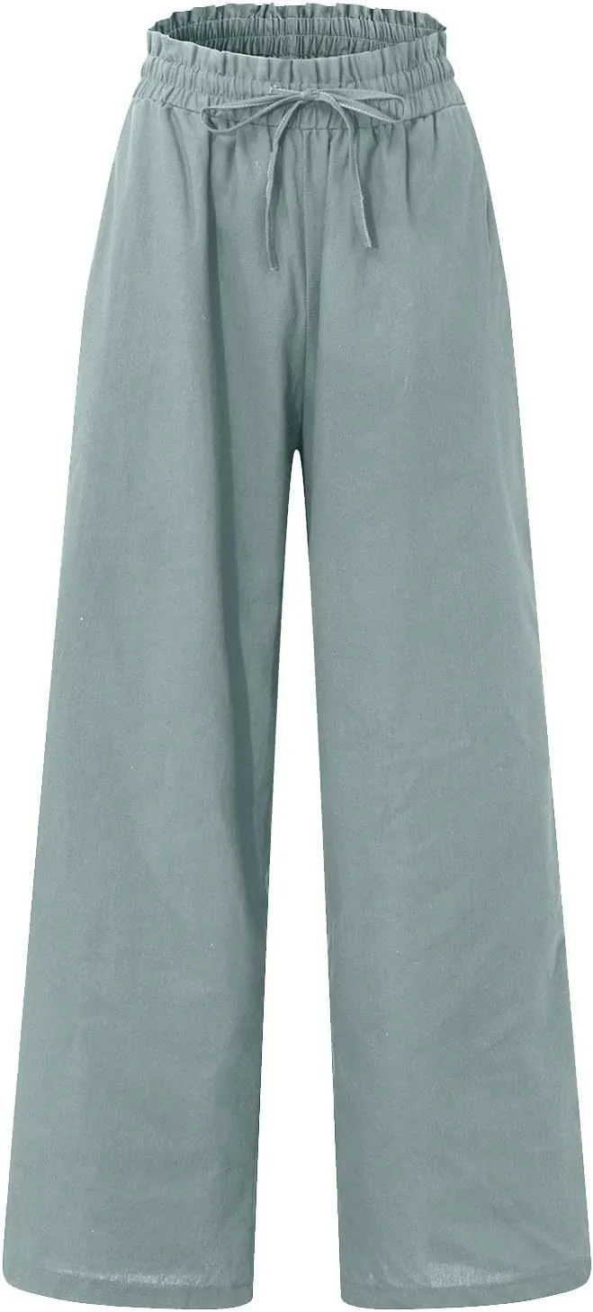 Wide Leg Linen Pants for Women Dressy Casual High Waisted Palazzo Pants Loose Fit Comfy Work Pants with Pockets