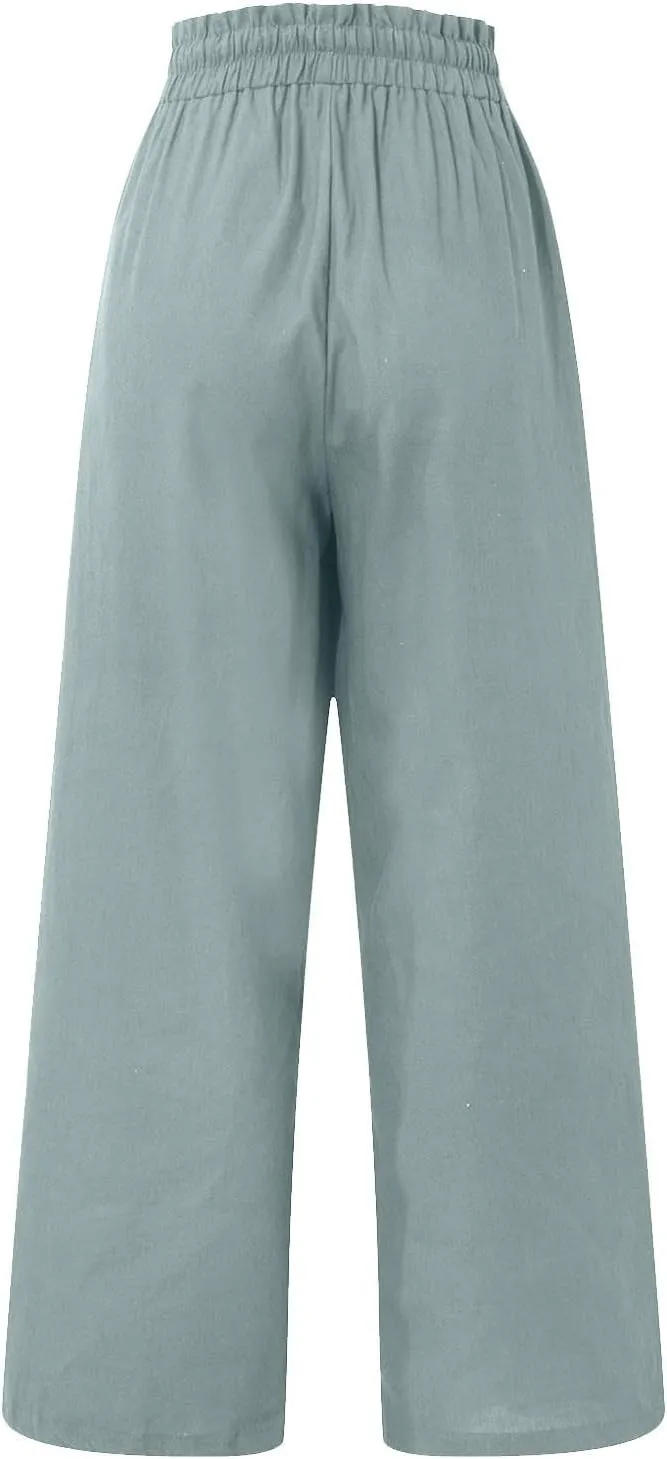 Wide Leg Linen Pants for Women Dressy Casual High Waisted Palazzo Pants Loose Fit Comfy Work Pants with Pockets