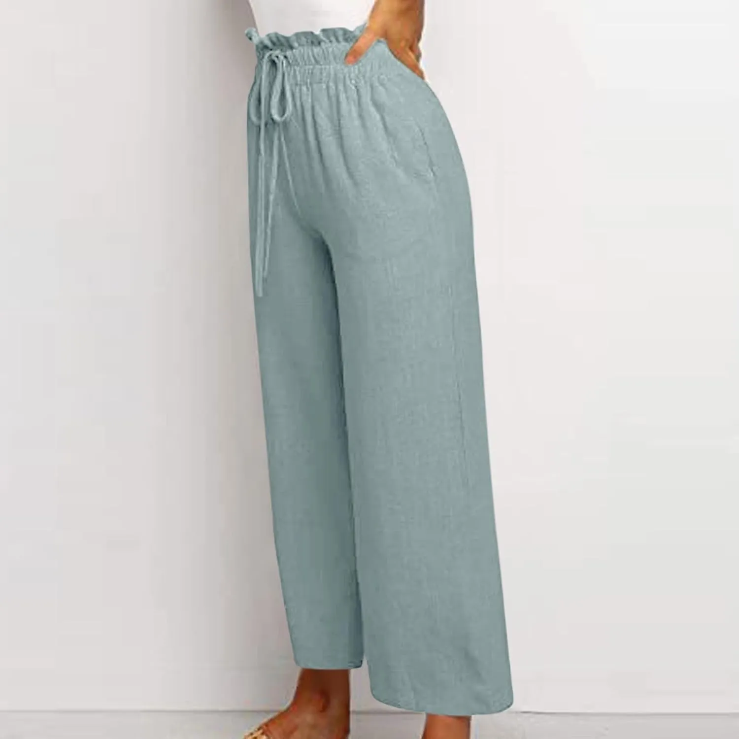Wide Leg Linen Pants for Women Dressy Casual High Waisted Palazzo Pants Loose Fit Comfy Work Pants with Pockets
