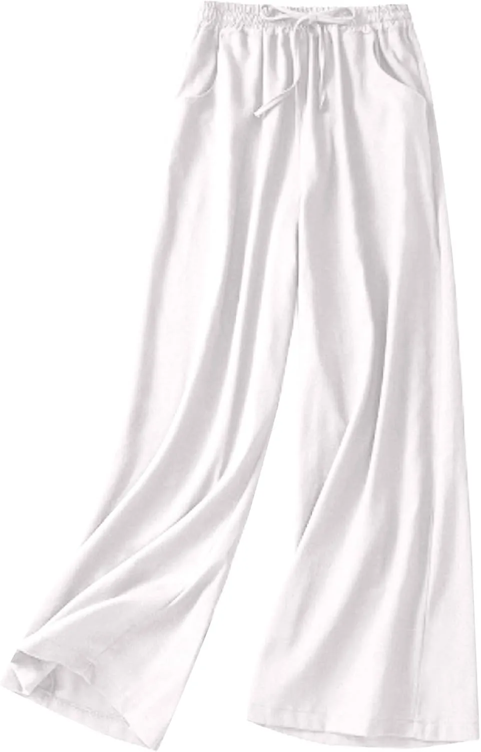 Wide Leg Linen Pants for Women Elastic Waist Drawstring Straight Leg Lounge Trousers Summer Palazzo Pants