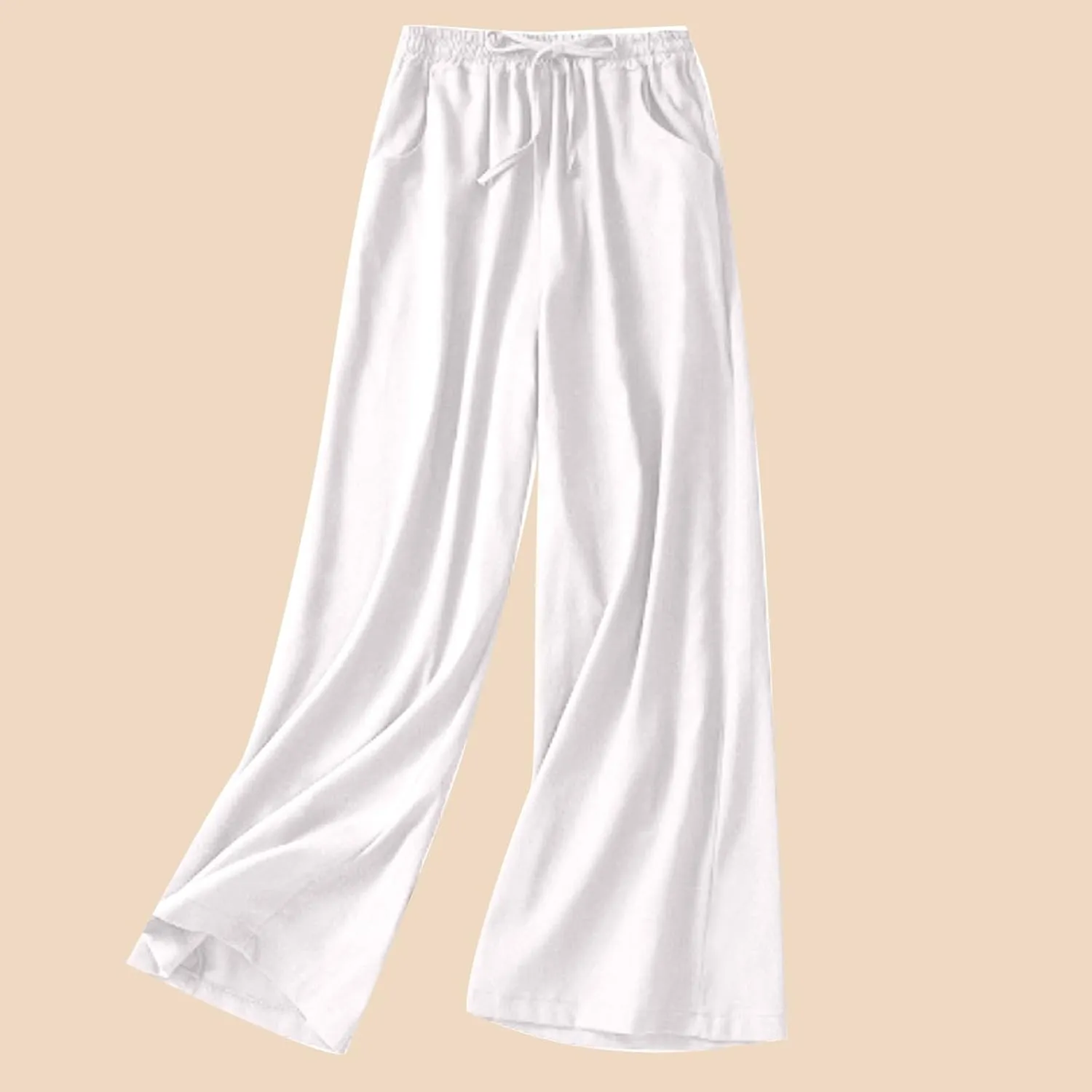 Wide Leg Linen Pants for Women Elastic Waist Drawstring Straight Leg Lounge Trousers Summer Palazzo Pants