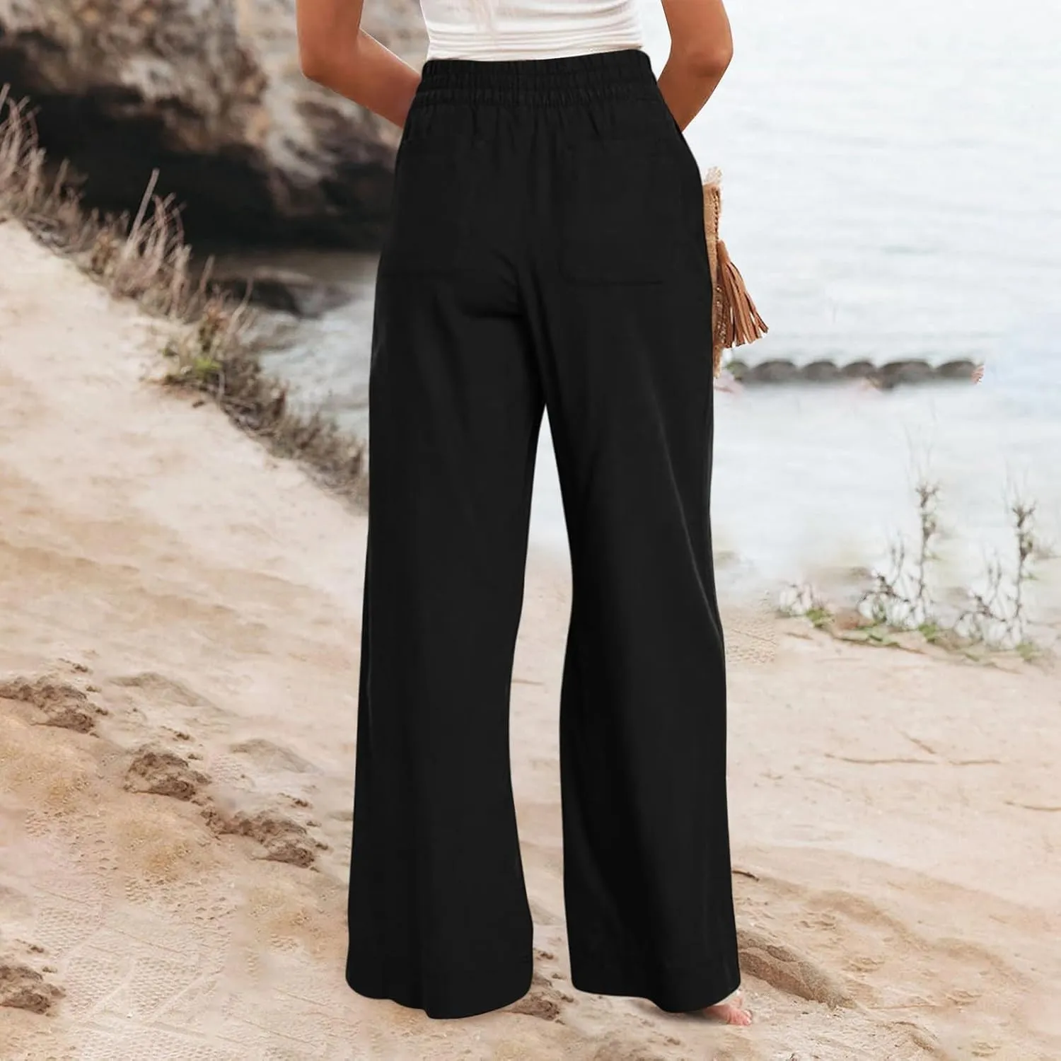 Wide Leg Linen Pants for Women Smocked Elastic High Waisted Palazzo Pants Summer Flowy Beach Trousers with Pockets