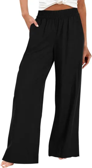 Wide Leg Linen Pants for Women Smocked Elastic High Waisted Palazzo Pants Summer Flowy Beach Trousers with Pockets