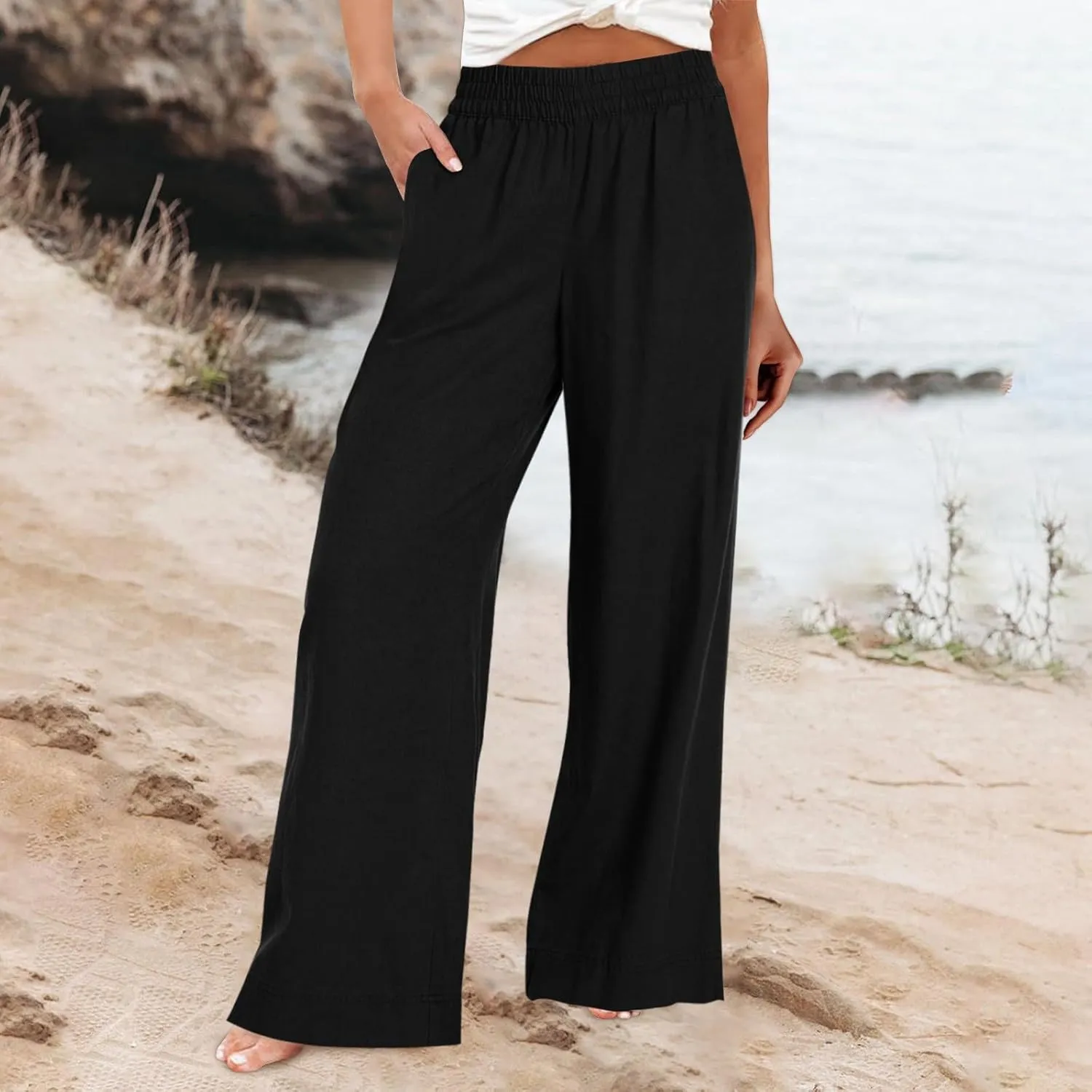 Wide Leg Linen Pants for Women Smocked Elastic High Waisted Palazzo Pants Summer Flowy Beach Trousers with Pockets