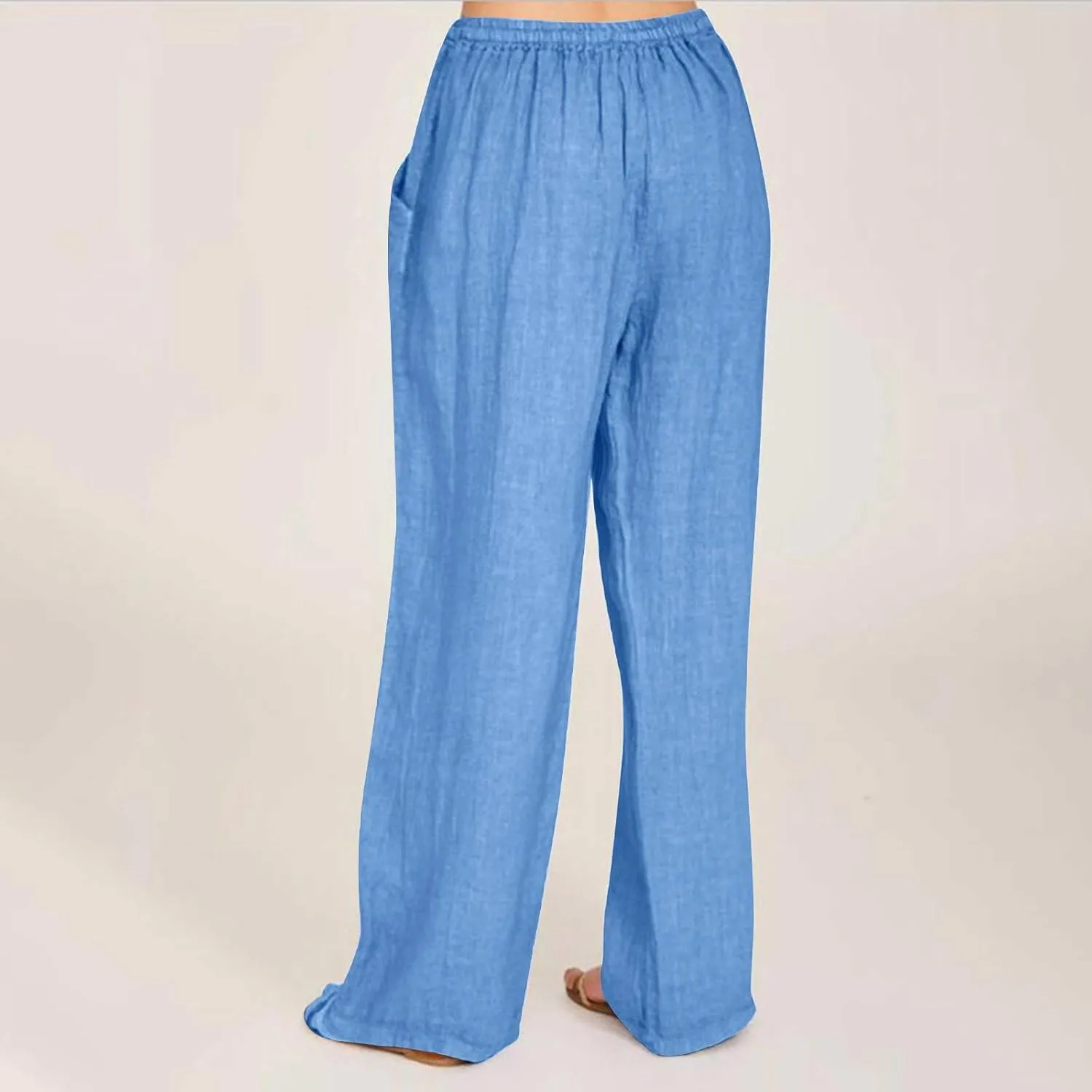 Wide Leg Linen Pants for Women Summer High Waisted Elastic Pant Flowy Comfty Casual Drawstring Trousers with Pockets