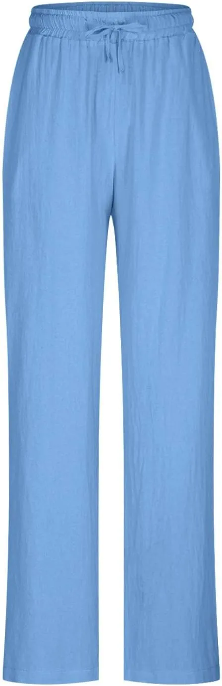 Wide Leg Linen Pants for Women Summer High Waisted Elastic Pant Flowy Comfty Casual Drawstring Trousers with Pockets