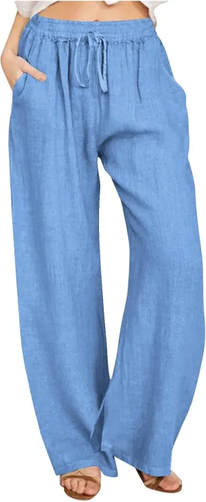 Wide Leg Linen Pants for Women Summer High Waisted Elastic Pant Flowy Comfty Casual Drawstring Trousers with Pockets