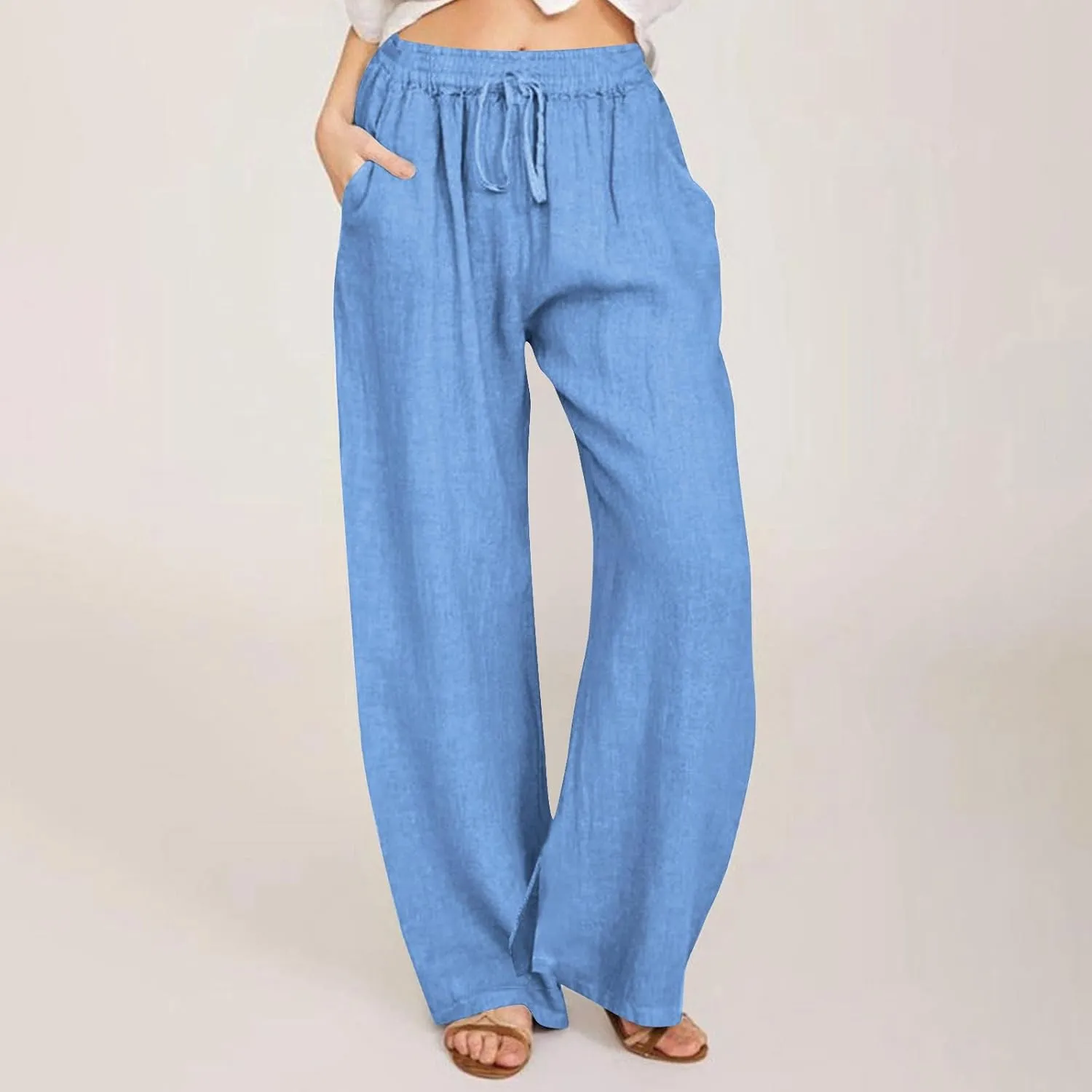 Wide Leg Linen Pants for Women Summer High Waisted Elastic Pant Flowy Comfty Casual Drawstring Trousers with Pockets