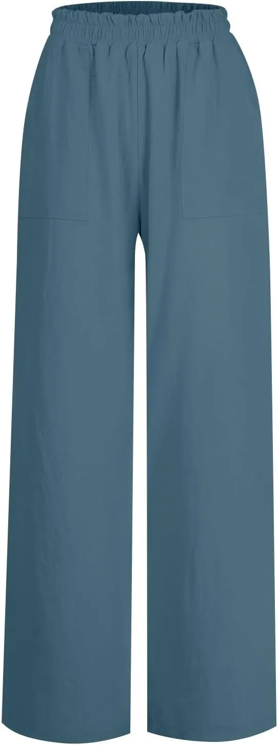 Wide Leg Linen Pants for Women Summer Palazzo Flowy Capri Palazzo Flowy Pants Casual High Waist Trousers with Pockets