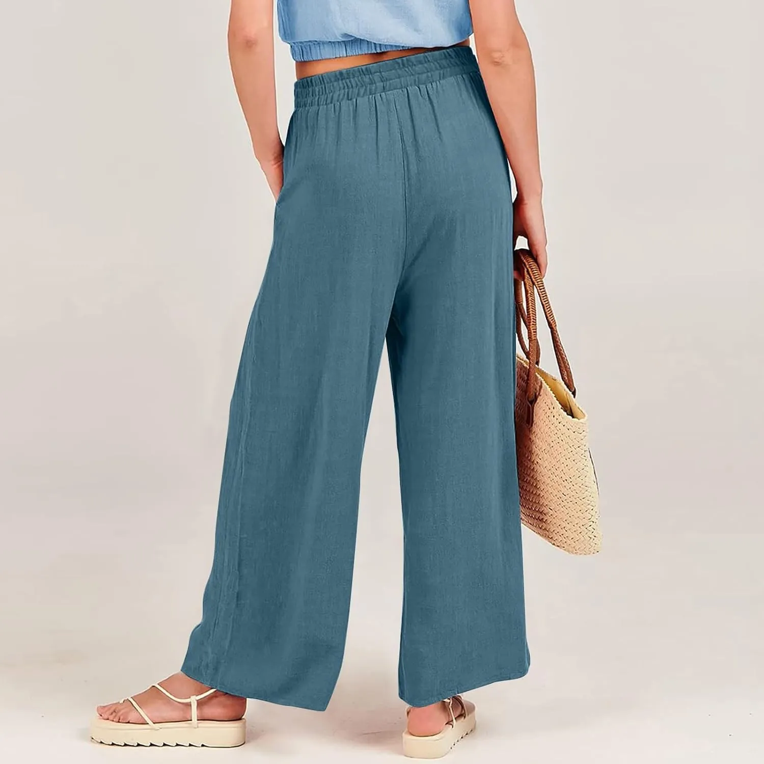 Wide Leg Linen Pants for Women Summer Palazzo Flowy Capri Palazzo Flowy Pants Casual High Waist Trousers with Pockets