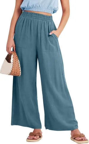 Wide Leg Linen Pants for Women Summer Palazzo Flowy Capri Palazzo Flowy Pants Casual High Waist Trousers with Pockets