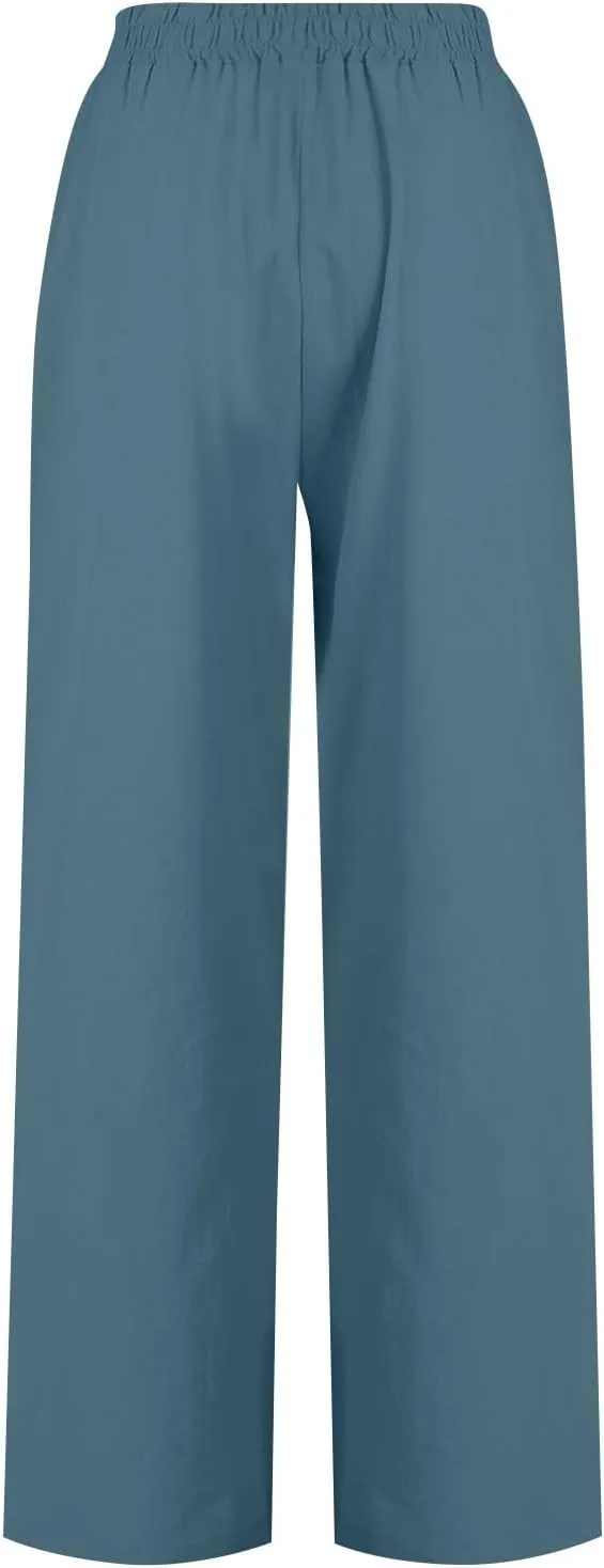 Wide Leg Linen Pants for Women Summer Palazzo Flowy Capri Palazzo Flowy Pants Casual High Waist Trousers with Pockets