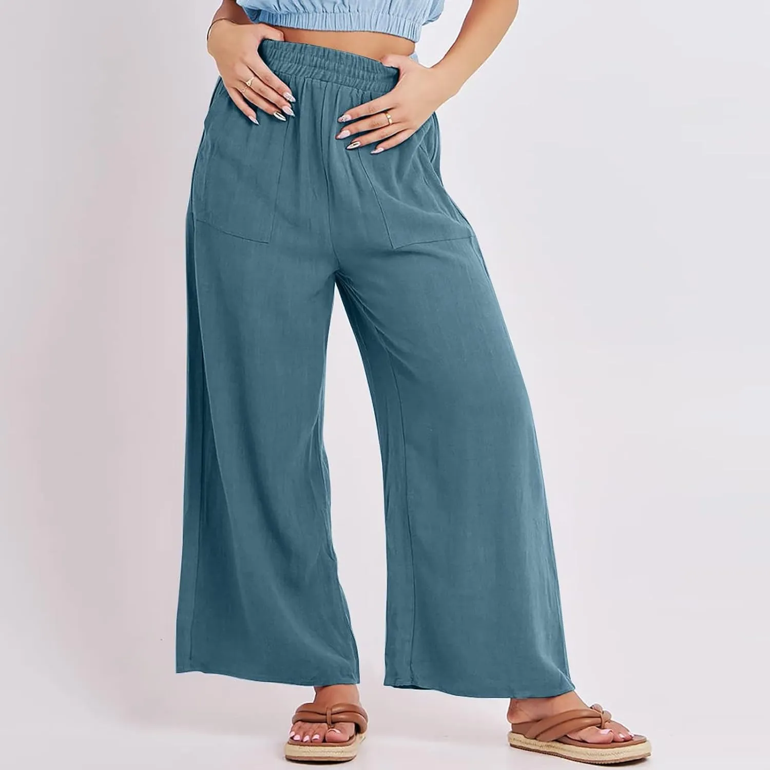 Wide Leg Linen Pants for Women Summer Palazzo Flowy Capri Palazzo Flowy Pants Casual High Waist Trousers with Pockets