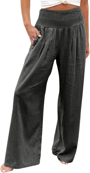 Wide Leg Linen Pull On Pants for Women Petite Summer Casual Capri Pant for Summer Loose Work Trousers